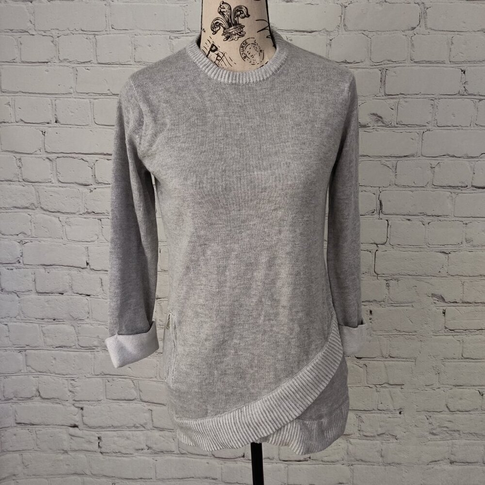 Tahari Asymmetrical Hem Roll Cuff Knit Sweater Cotton Two Tone Grey S - Picture 8 of 9